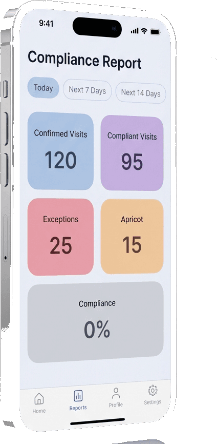 Infiniti Solution caregiver mobile app — compliance report screen